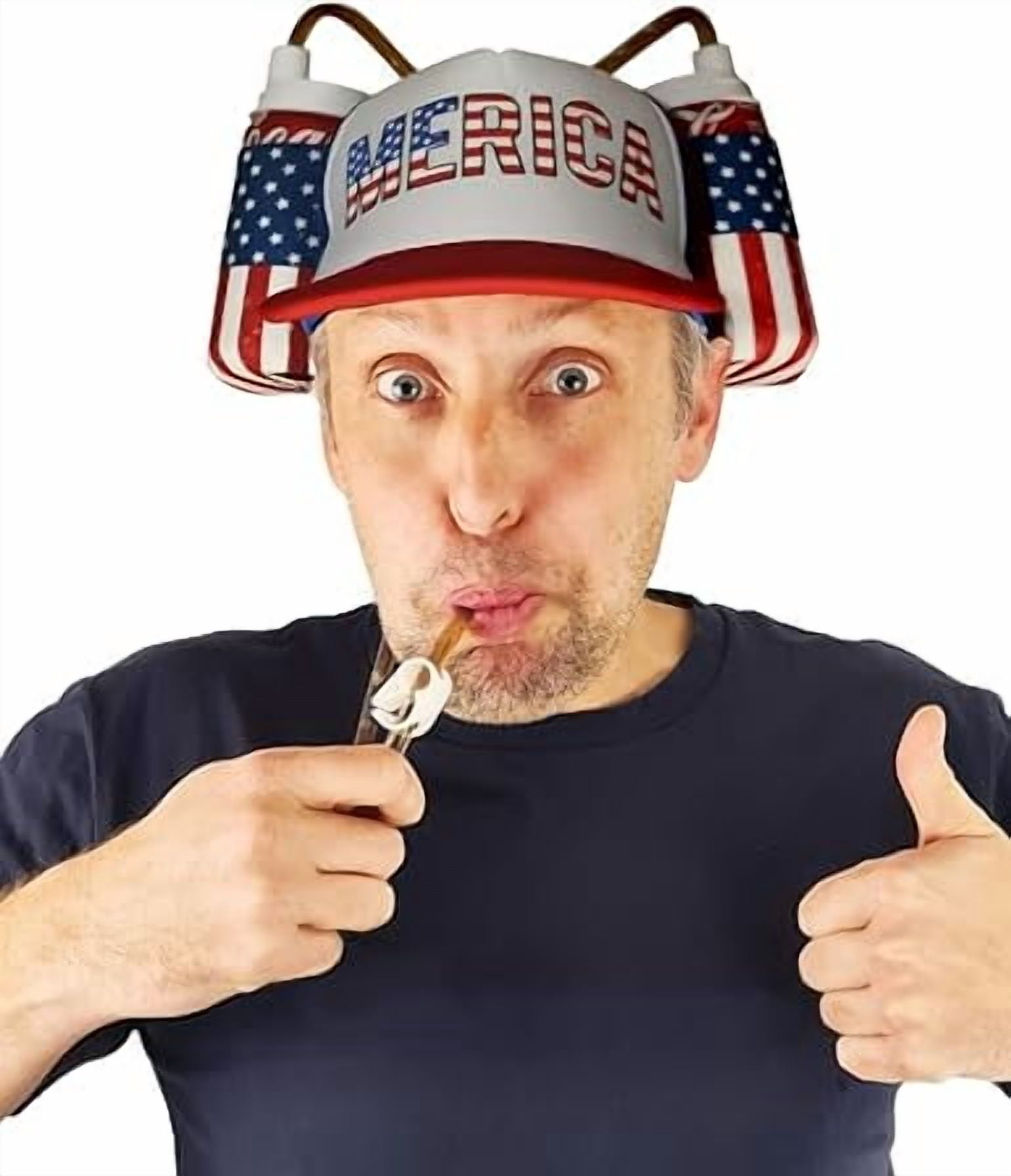 HandinHandCreations USA Merica Drinking Cap Adjustable Size Hat with Straw for Soda or Beverage Guzzler Drink Helmet - America Drinking July 4th Costume - All American Party Gear