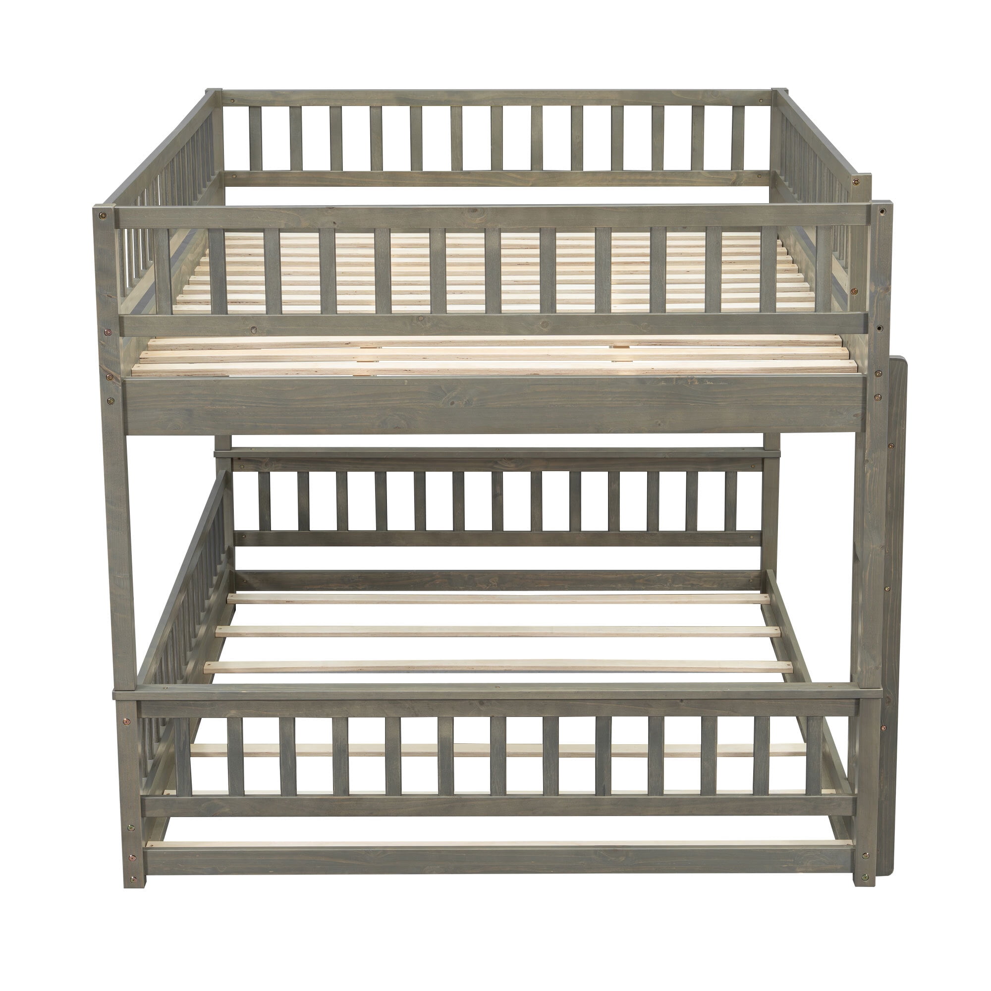 Euroco Wood Queen over Queen Bunk Bed with Ladder and Guardrails, Gray
