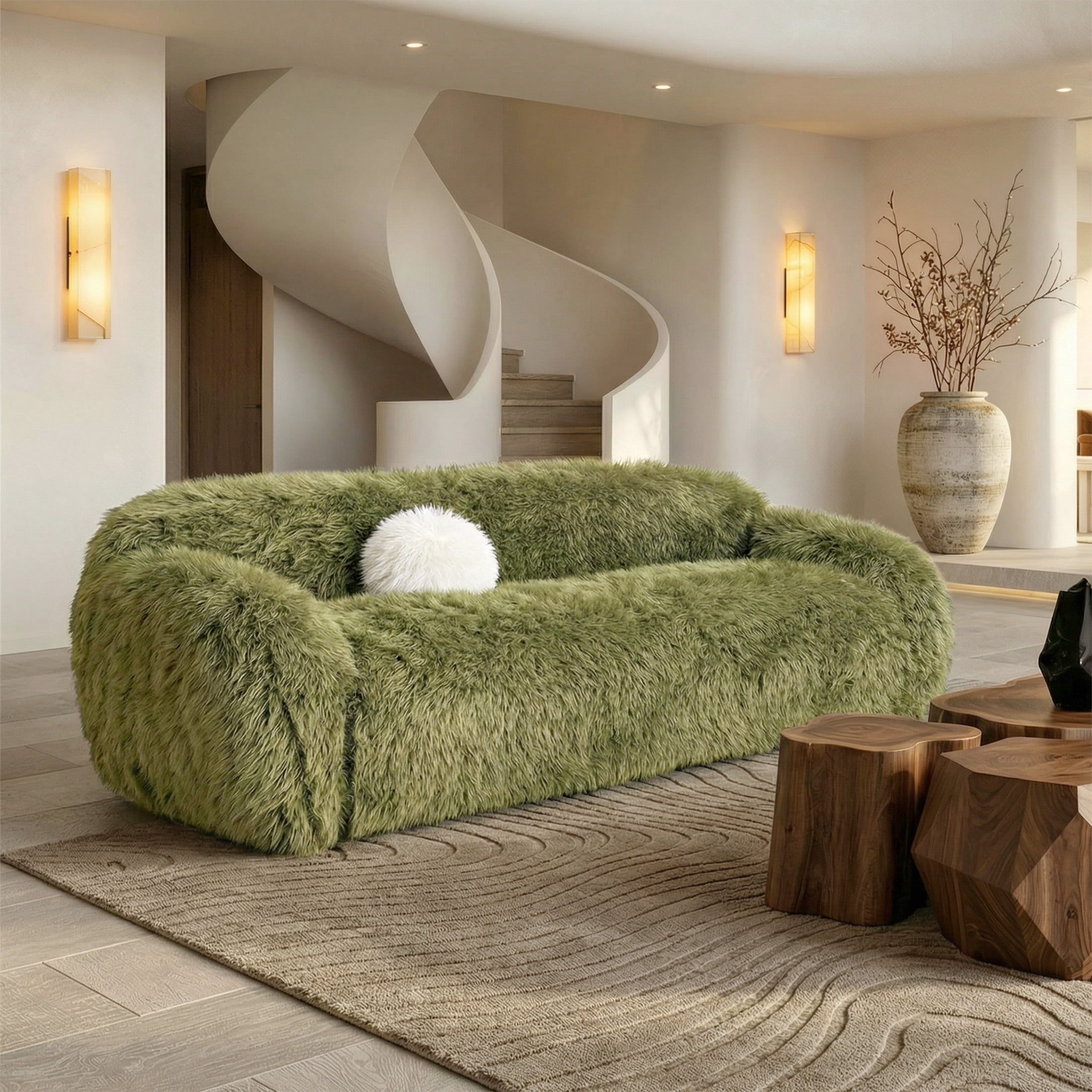 Aukfa 84" Comtemporary Plush Faux Fur Sofa, Pet-Friendly Couch for Living Room, 25" Deep Seat, Green