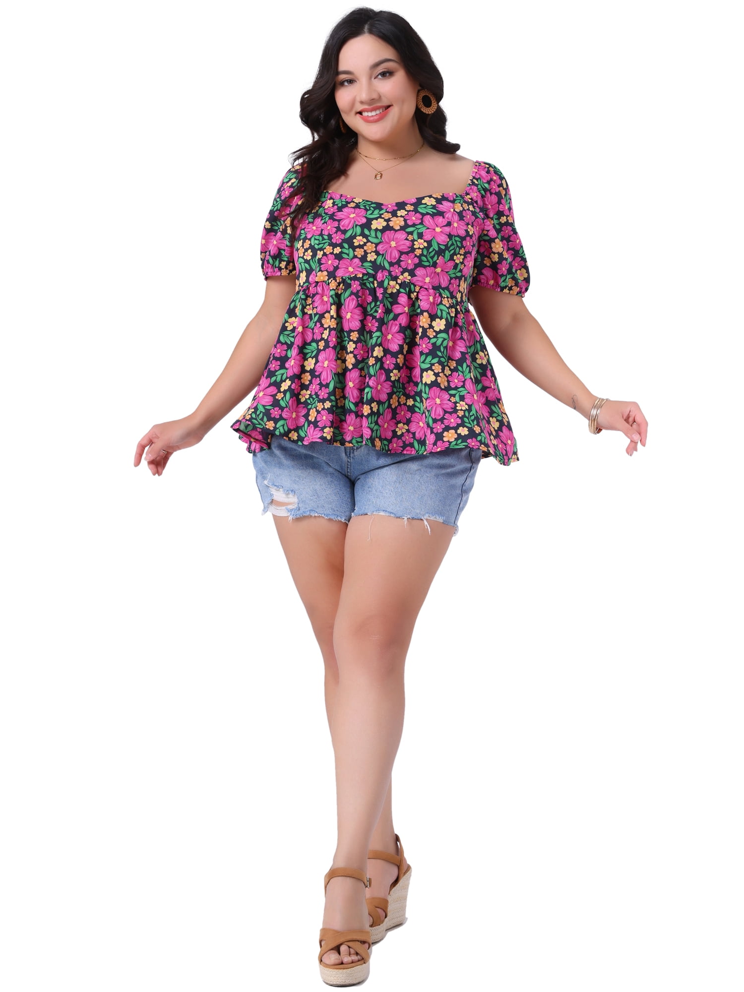 Women's Plus Sweetheart Neck Short Sleeve Floral Blouse with Ruffle Hem 1X Hot Pink