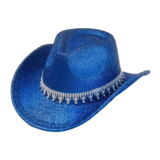 Sombrero de vaquero elegante y brillante, gorra de ala ancha para conciertos, fiestas y juegos de rol. Azul