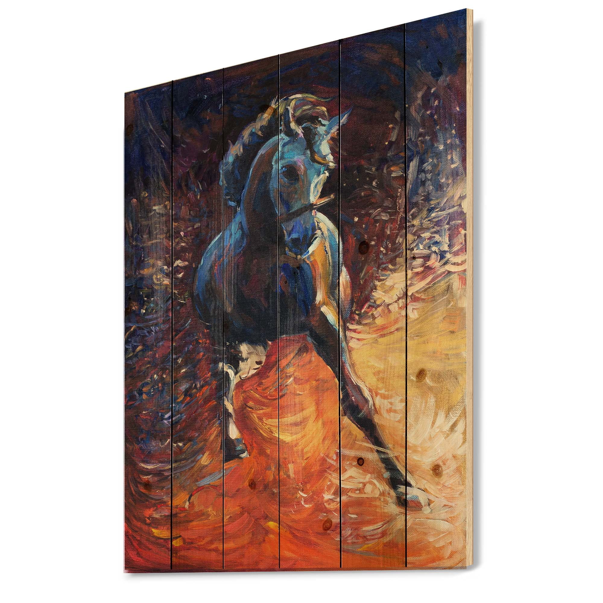 Designart 'Portrait Of A Galoping Blue Horse' Farmhouse Print on Natural Pine Wood