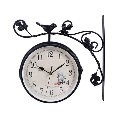 FENGGUIQU 1Pc Iron Round Wall Hanging Clock Double-Sided Retro Style for Home Decoration Black