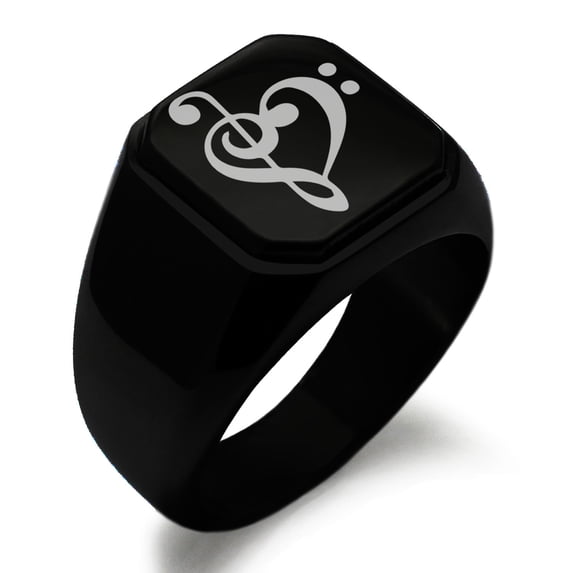 Stainless Steel Treble Bass Clef Musical Heart Engraved Square Flat Top Biker Style Polished Ring