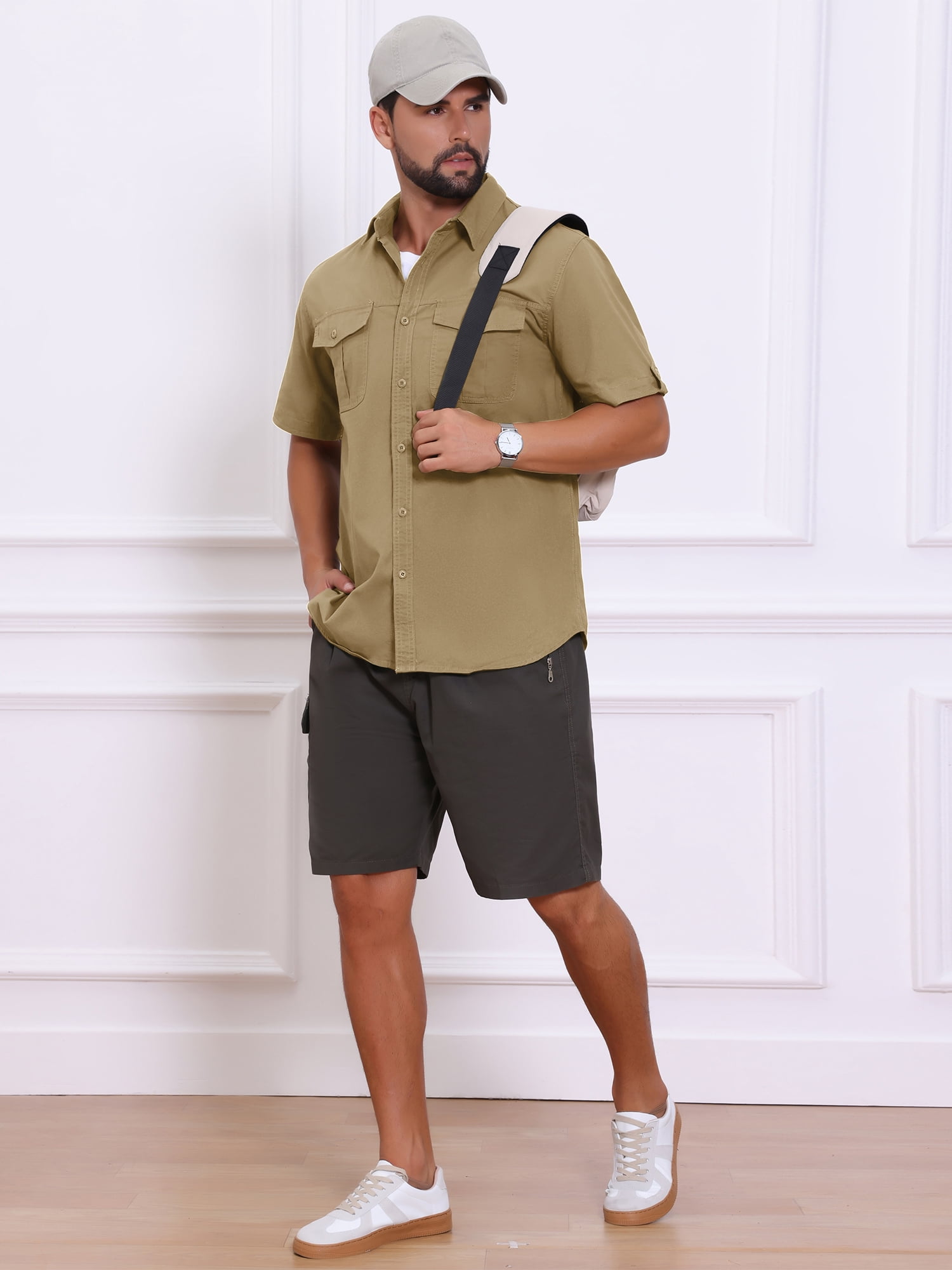 DARING DIVA Men's Fishing Shirt Summer Short Sleeve Hiking Cargo Shirts L Khaki