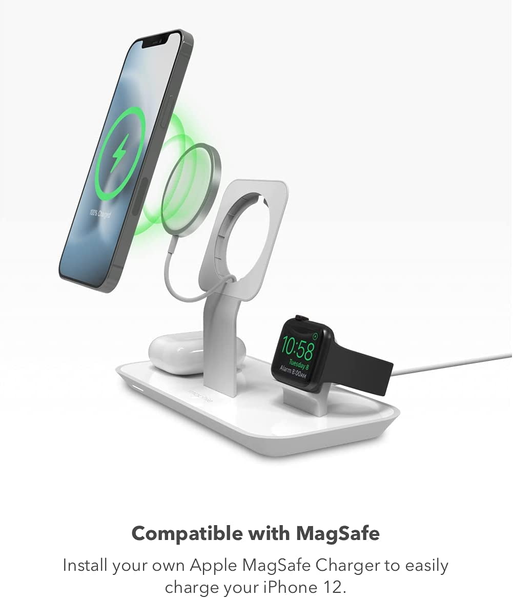 mophie 3-in-1 Magsafe Wireless Charging Stand for Apple iPhone AirPods/AirPods Pro & Watch 15W Super-Fast Charging Stylish Gloss Finish - White (MagSafe charger not included)