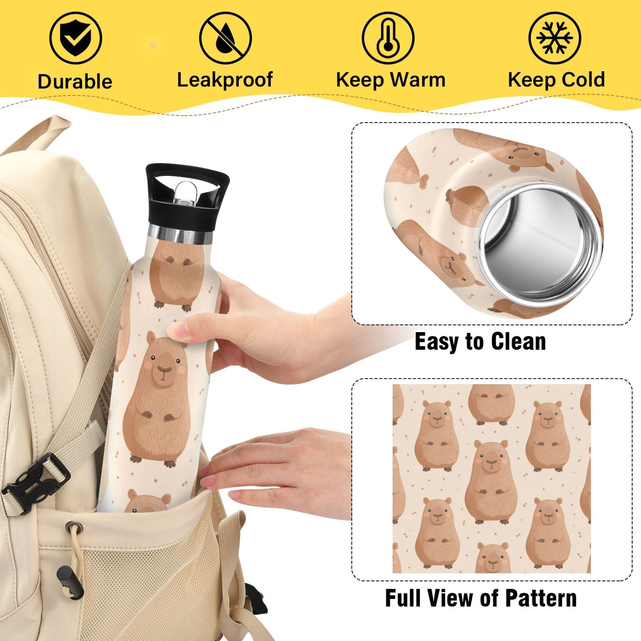 600ML Stainless Steel Insulated Cup Sports Water Bottle Portable Thermos Cup Water Glasses Insulated Tumblers Convenient and Durable Capibara Cute