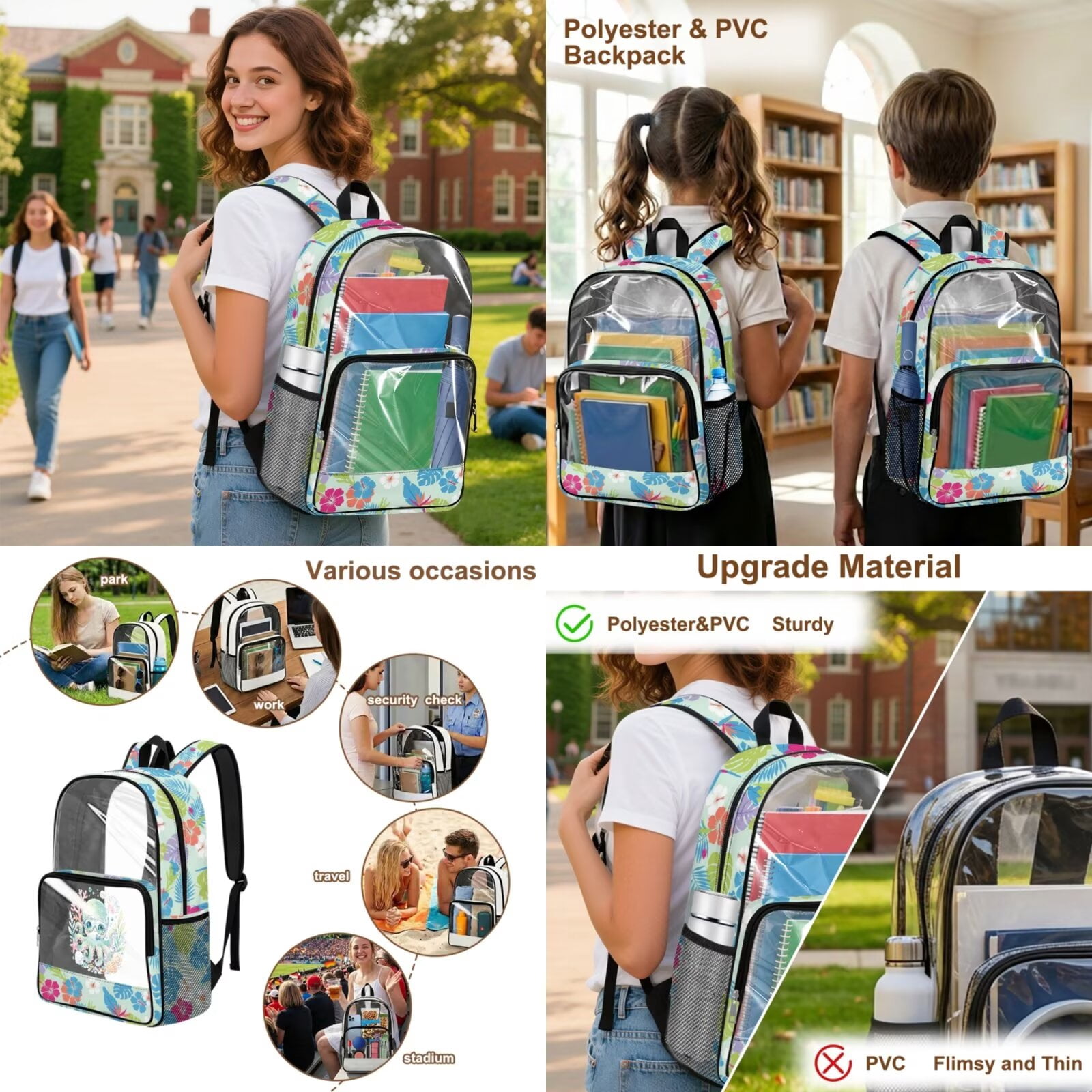 Xixirimido Cartoon Octopus Tropical Floral Print Clear Backpack for Boys Girls, Kids Backpack Set with Lunch Box Pencil Bag PVC See Through Transparent Bookbag for School Stadium