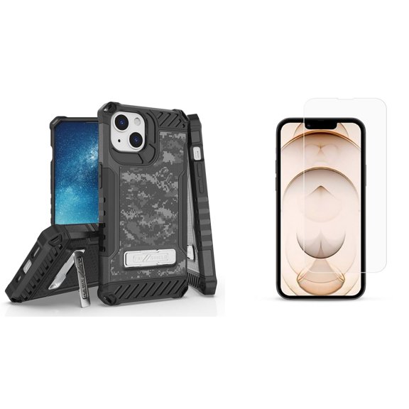 Bemz iPhone 13 Mini Bundle: Tri Shield Military Grade Armor Rugged Case (Grey Pixel Camo), Premium Glass Screen Protectors (2-Pack)