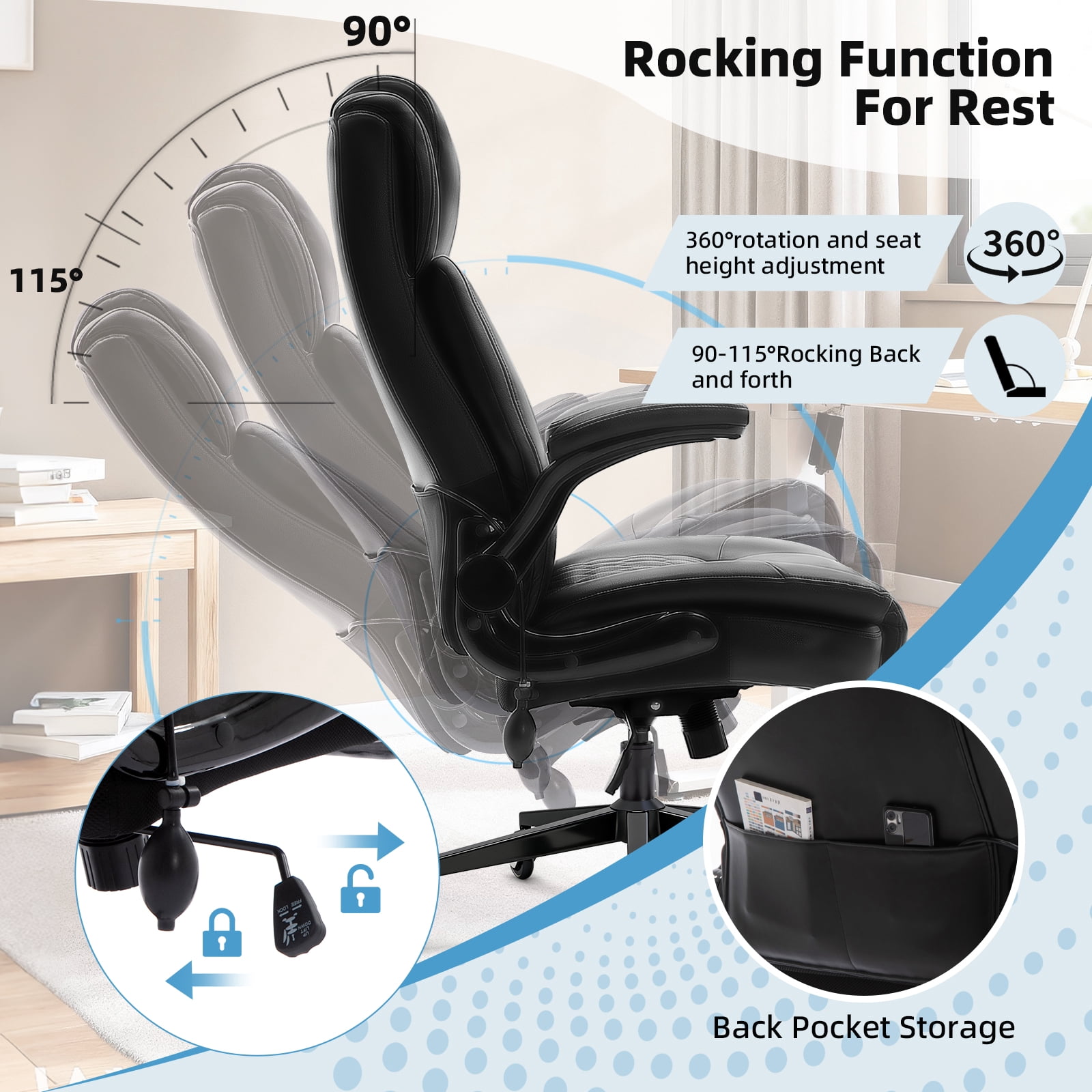 WOSDOM Black Leather Office Chair - Flip Arms Adjustable Built-in Lumbar Support, Executive Computer Desk Chair Work Chairs with with Storage Bags, Strong Metal Base Quiet Wheels, 350 lb