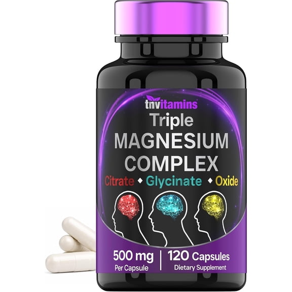 TNVitamins Triple Magnesium Complex 500 mg – Magnesium Glycinate, Citrate & Oxide Dietary Supplement – 120 Capsules