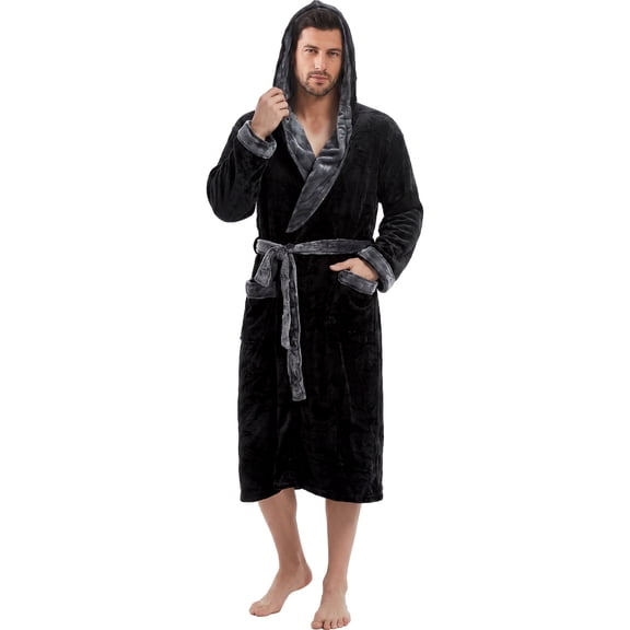 U2SKIIN Mens Fleece Robe with Hood, Mid Length Plush Shawl Collar Two Tone Bathrobe,(Black/Dark Grey, L/XL)