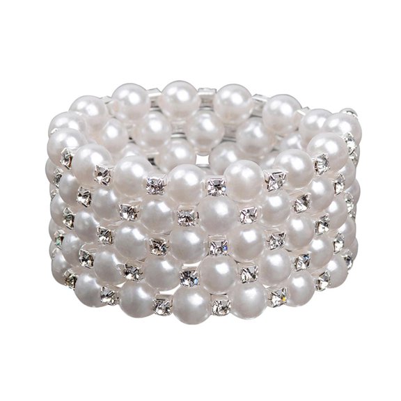 Women Elegant Crystal Artificial Pearl Stretch Sparkly Bracelet 5 Row