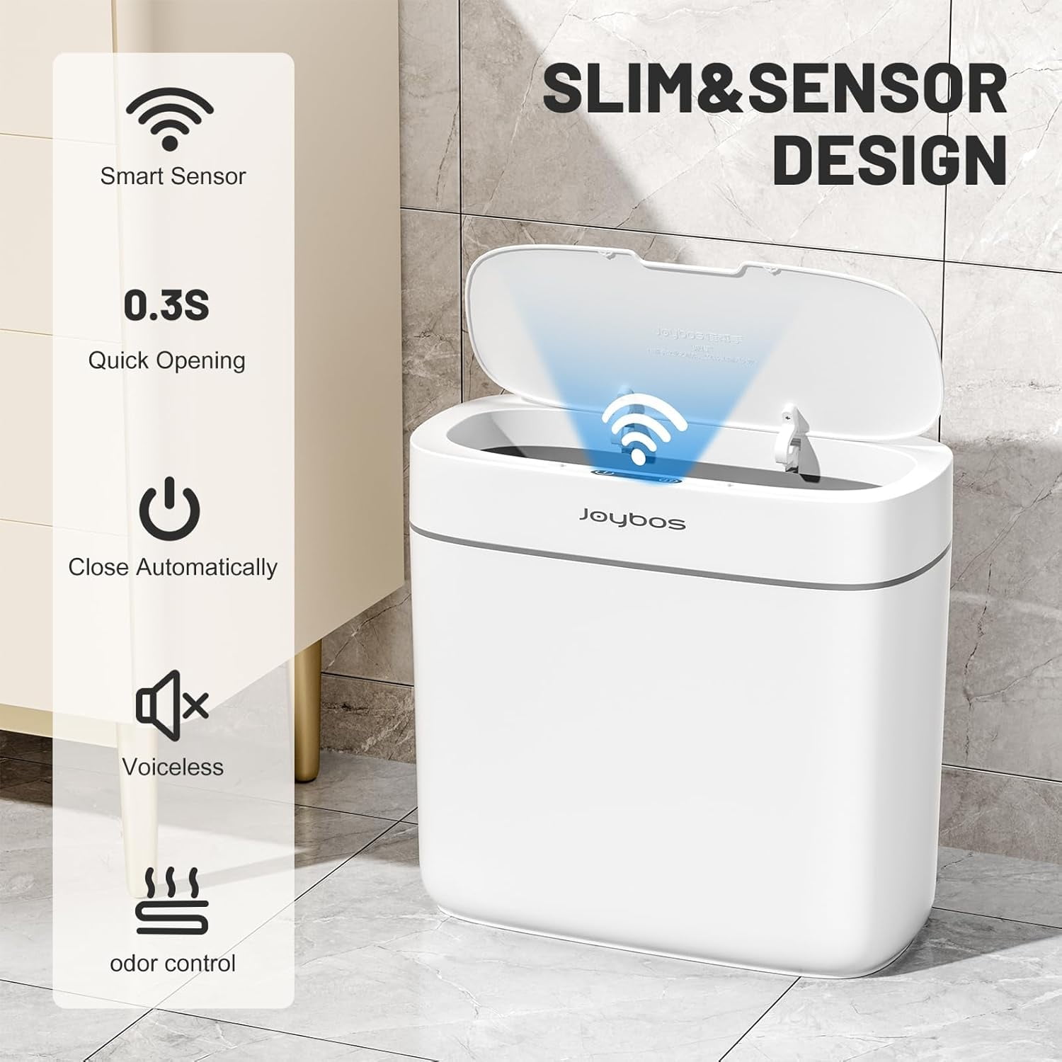 Joybos 3.5 Gal Touchless Motion Sensor Trash Can, Waterproof Slim Plastic Garbage Bin with Lid for Bathroom Bedroom Kitchen Office