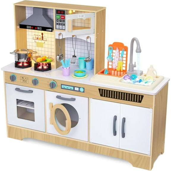 Lil' Jumbl Kids Kitchen Playset with Wooden Washer Dryer Sink & Accessories