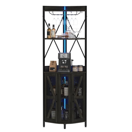 TROPOW 4-Tier Corner Wine Rack Freestanding Foldable Bar Cabinet Industrial Metal and Wood Wine Storage Shelf for Small Spaces Living Room & Kitchen