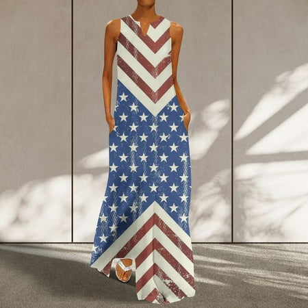 

Hvyesh 4th of July Dresses for Women Summer Plus Size Maxi Dress Loose Fit Print V Neck Sundresses Comfortable Sleeveless Soft Dresses 2023 White