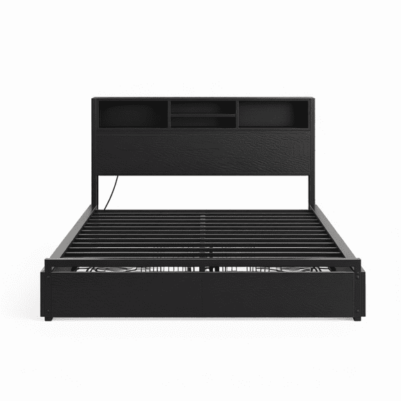 Queen Bed Frame with 6 Rolling Underbed Storage Drawers, Charging Station Headboard, Noise-Free Reinforced Steel Frame