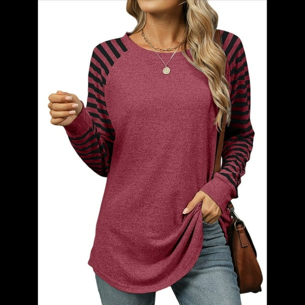 Blusas Tipo Túnica A Rayas para Mujer, Camisas Casuales de Larga, Jersey de Cuello Redondo. Vino Tinto S