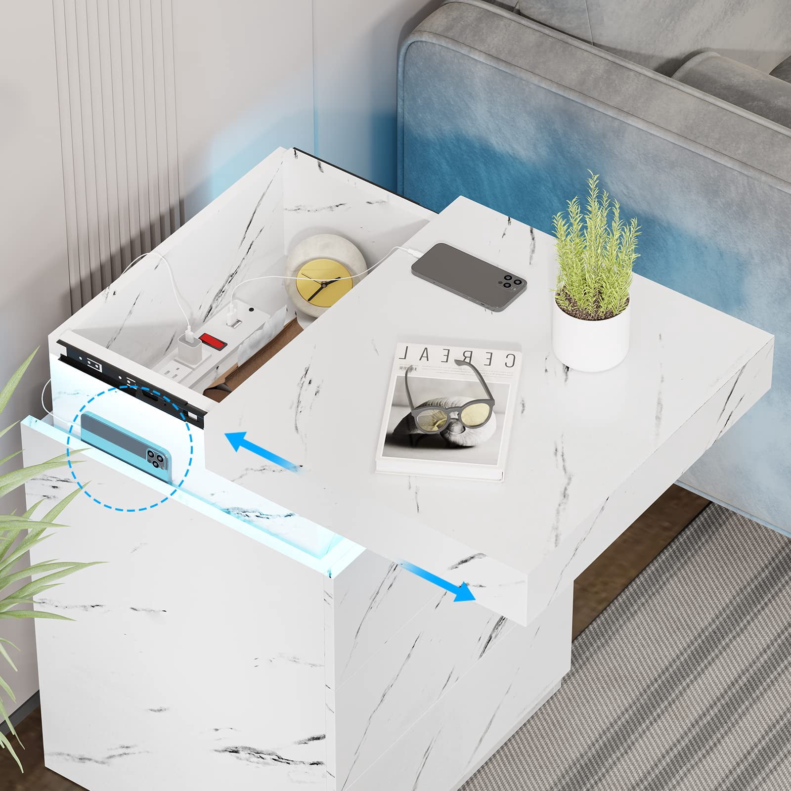 Modern LED Nightstand with 3 Drawers , White Nightstand Bedside Table Storage with Drawer Charging Station for Bedroom,USB Port,Smart Night Table with Sliding Top,2Pcs