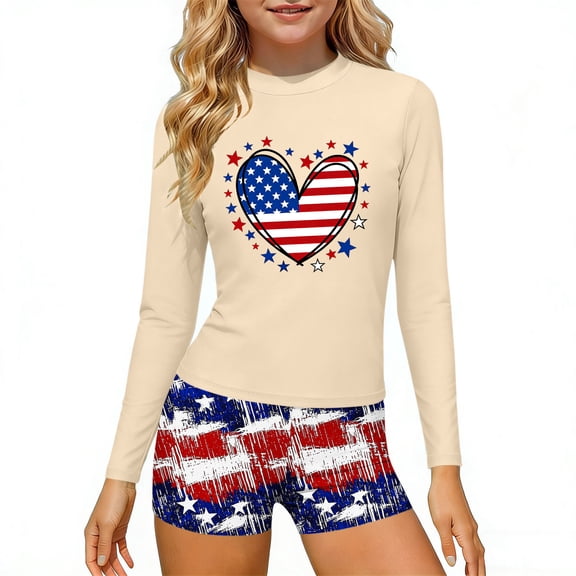 Kids 4th of July American Flag Long Sleeve Rash Guard Set – Patriotic Swimshirt & Shorts Unisex Multicolor,Size 9-10T