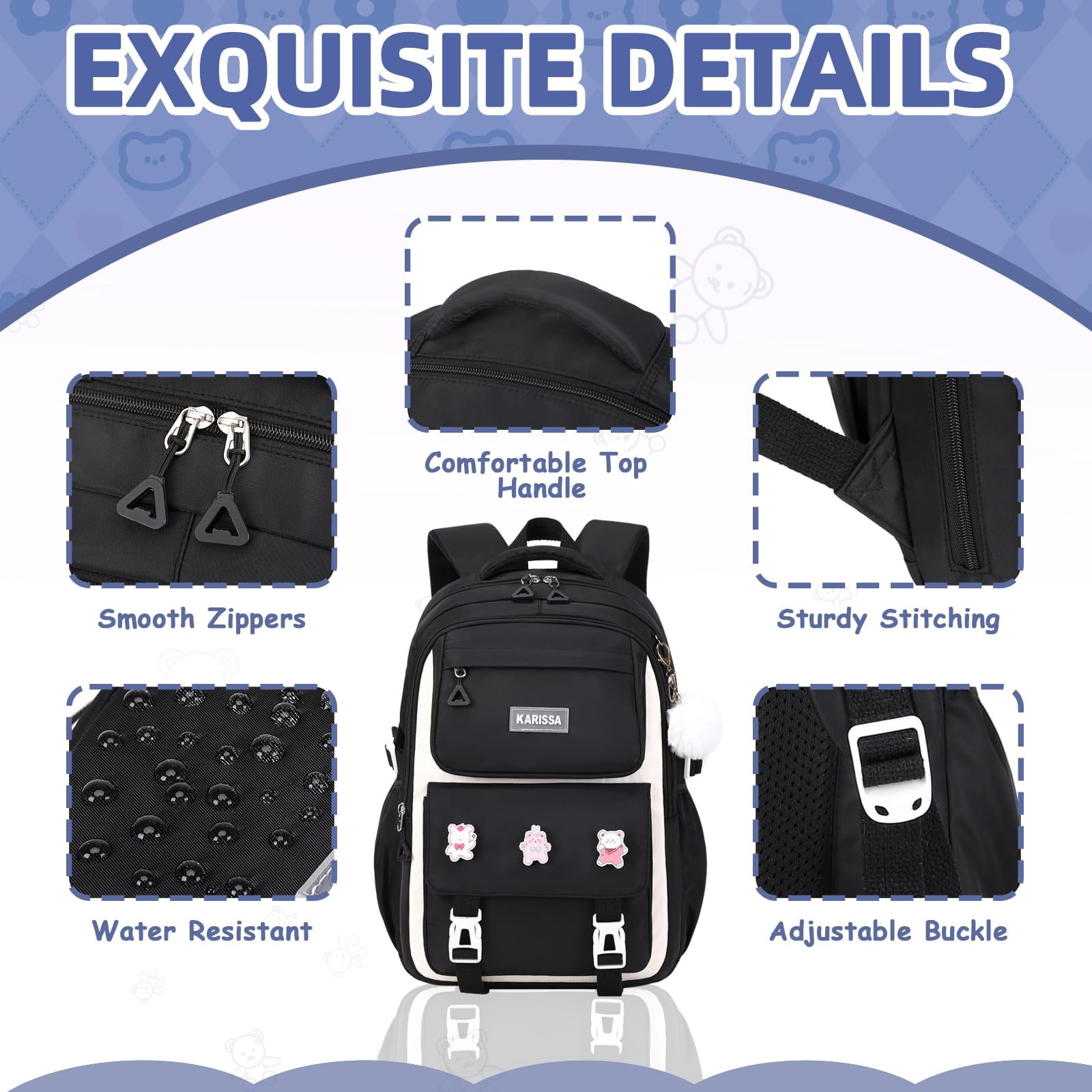 Soda Candy Backpacks with Anti-Theft Back Pocket, Lightweight School Backpack, Water Resistant Bookbag, Black