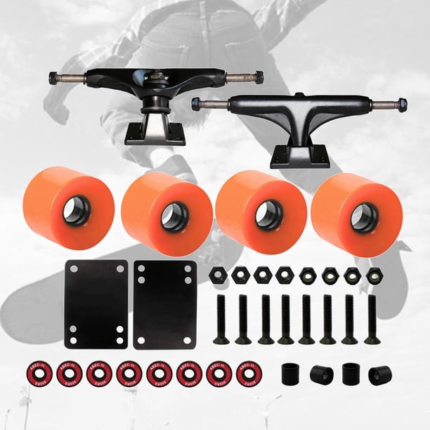 Los roles de monopatín de longboard incluyen 5 "ejes de monopatín, rollo de monopatín de 51 mm, almacén de monopatín, almohadillas de elevador de skat naranja Soledad Ruedas de camiones patinales