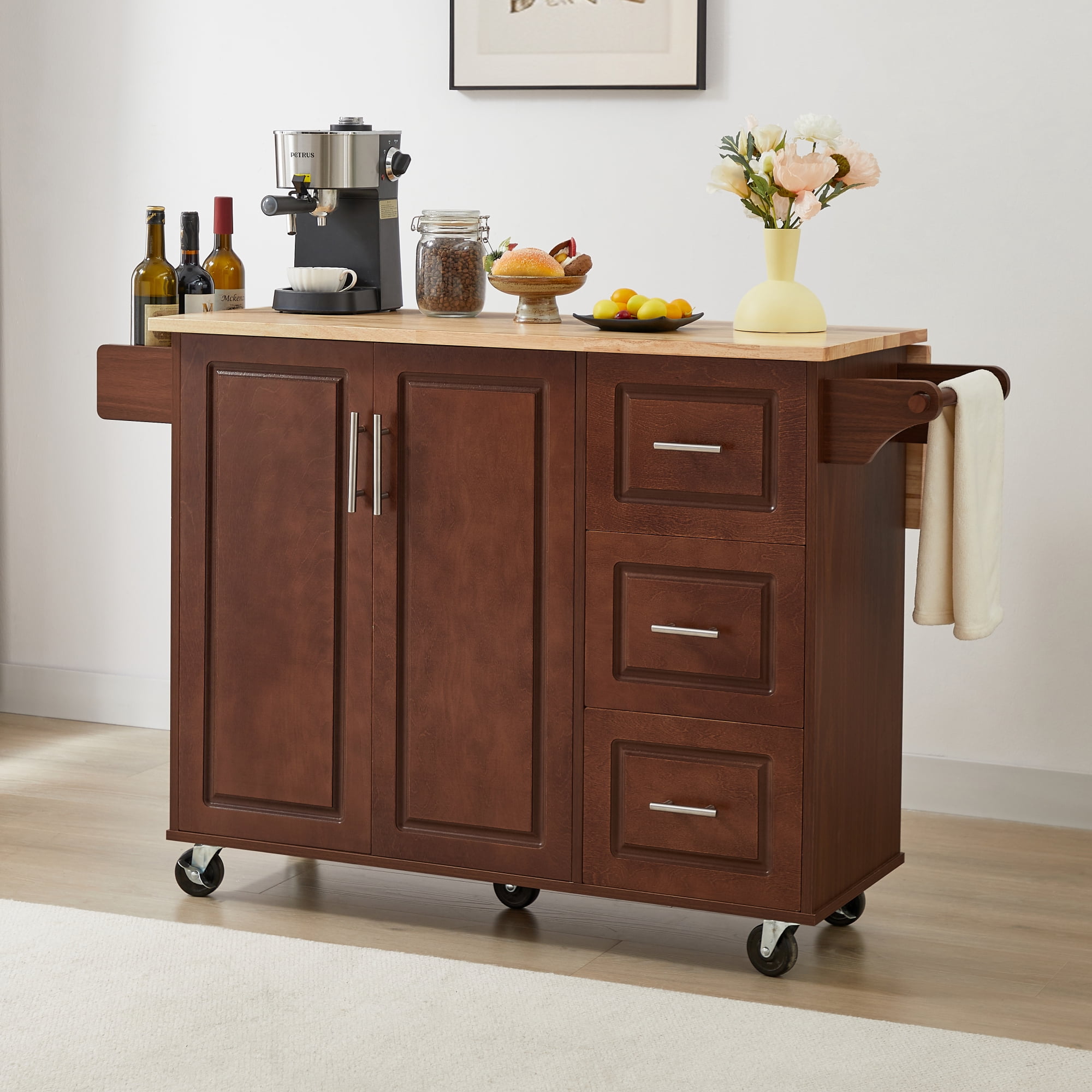 Kitchen Island with Countertop, Rolling Kitchen Island Cart Barn Door Table with Storage Cabinet On Wheels for Kitchen