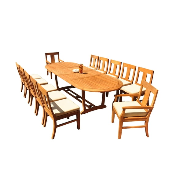 Grade-A Teak Dining Set: 12 Seater 13 Pc: 118" Mas Oval Trestle Leg Table And 12 Osborne Chairs (2 Arm & 10 Armless Chairs) WholesaleTeak #51OS1713