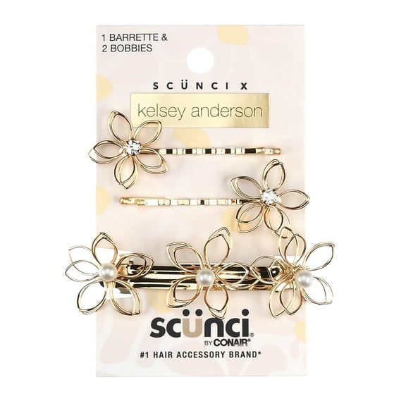 Scunci x Kelsey Anderson Crystal-Embellished Flower Bobby Pins & Barrette, Gold Tone, 3 Count