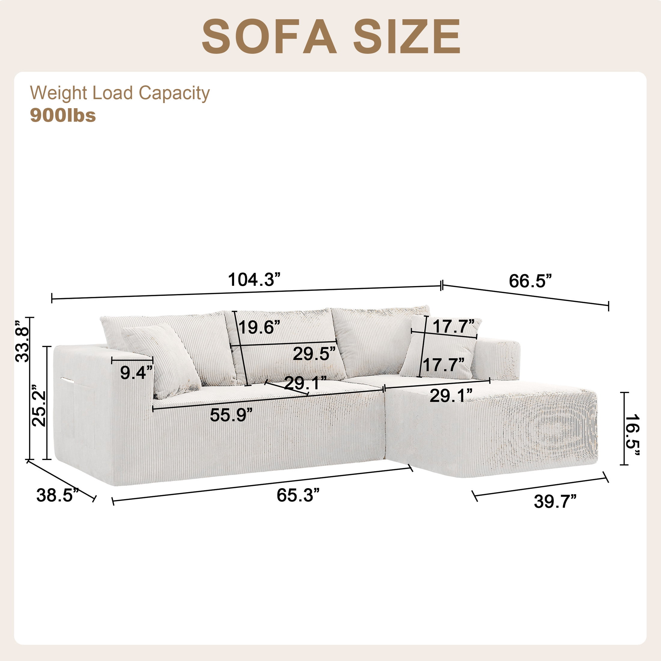 AENKYO 104'' Modular L-Shape Sectional Sofa with Chaise, Comfy Deep-Seat Cloud-Couch, Corduroy - White