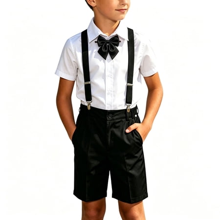 Dagugfen Suit Sets for Boys Short Sleeve Shirts Suspender Shorts Dressy School Wear Uniform Formal Outfit Sets(3-4Years Black1)