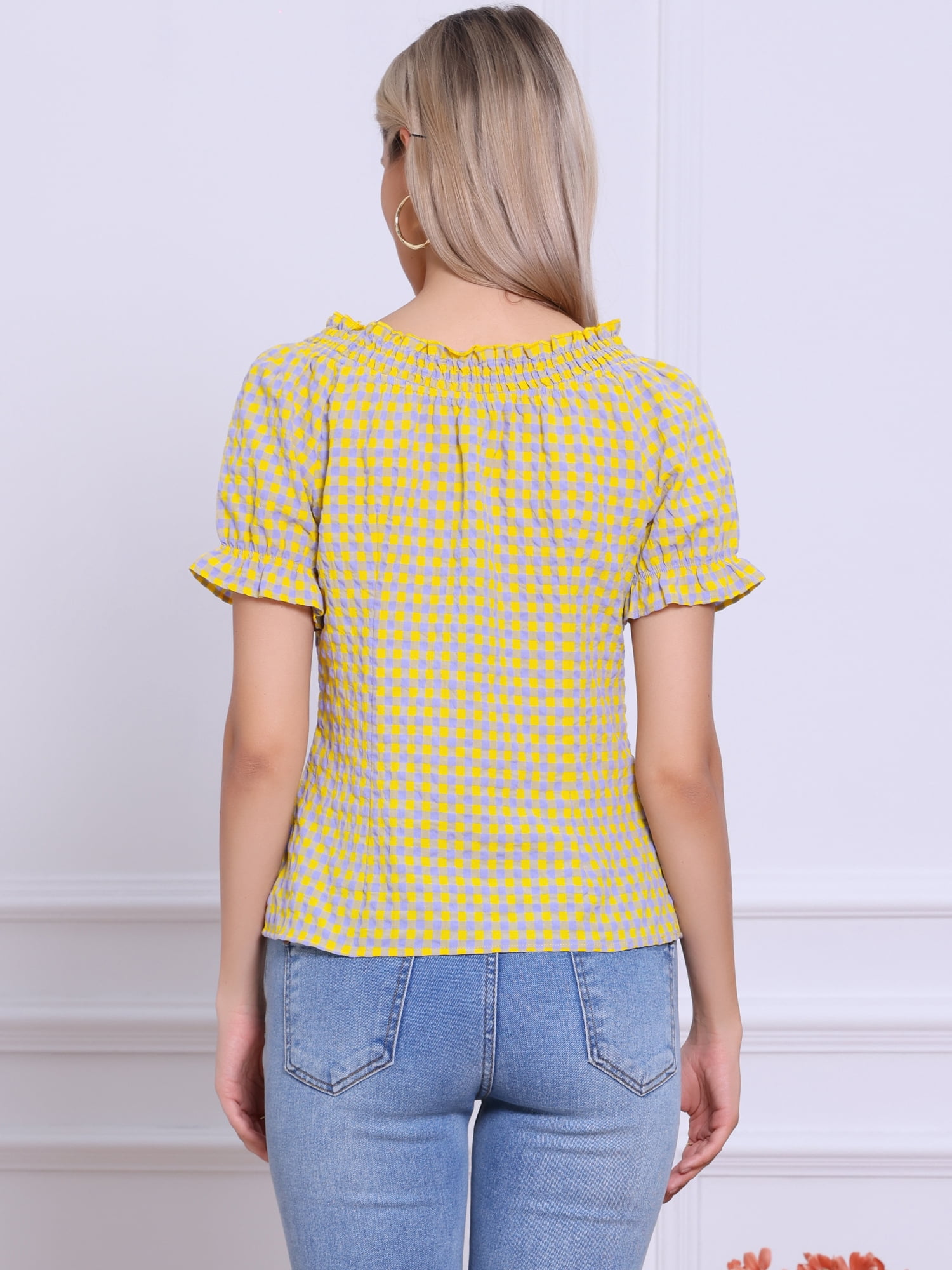 DARING DIVA Women's Gingham Plaid Peasant Round Neck Puff Sleeve Tops XL Purple Yellow
