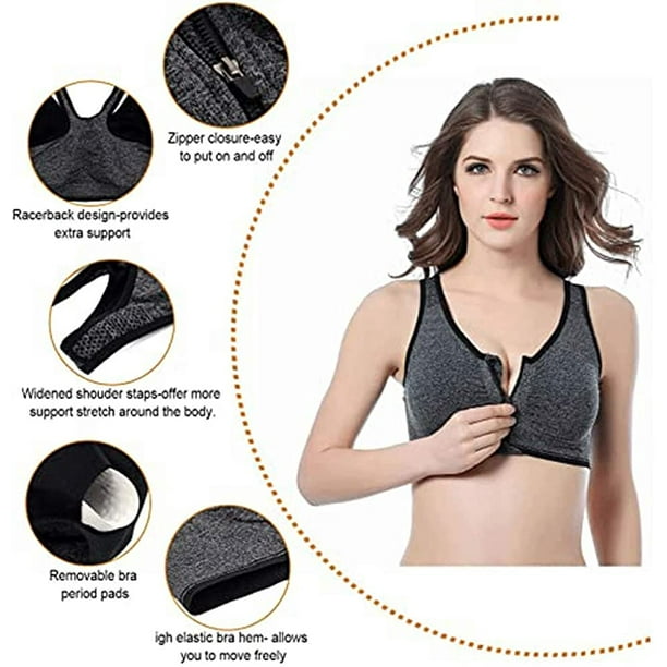 Buy Zipper Adjustable Sports Bra for Women, High Impact Zip Front Sports  Bra Post Surgery Bra with Adjustable Straps High Support, Black, Large at