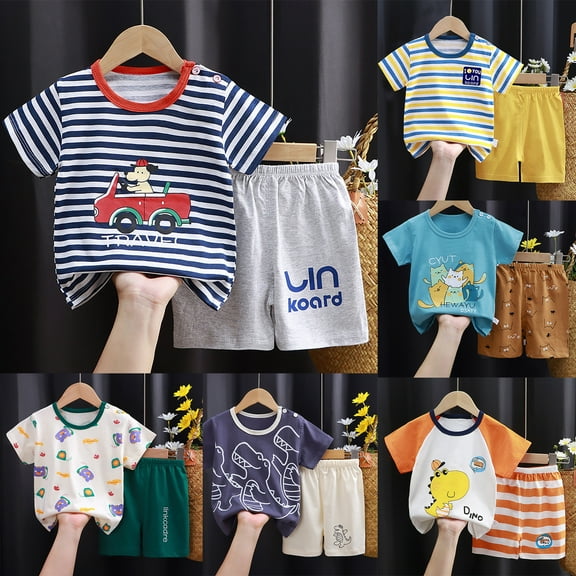 Kids Clothes Boys Sweet Cartoon Prints Short Sleeve Shirt Tops Floral Prints Shorts 2Pcs Beige Baby Boy Outfit 3-4 Years