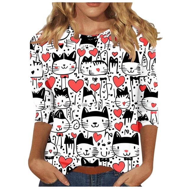 Staron Liquidation T-Shirt de la Saint-Valentin pour Femmes T-Shirt à Manches 3/4 T-Shirt Imprimé Cœur Chemises Amples Hauts Blouses à Col Rond T-Shirt Graphique T-Shirt Décontracté Ample