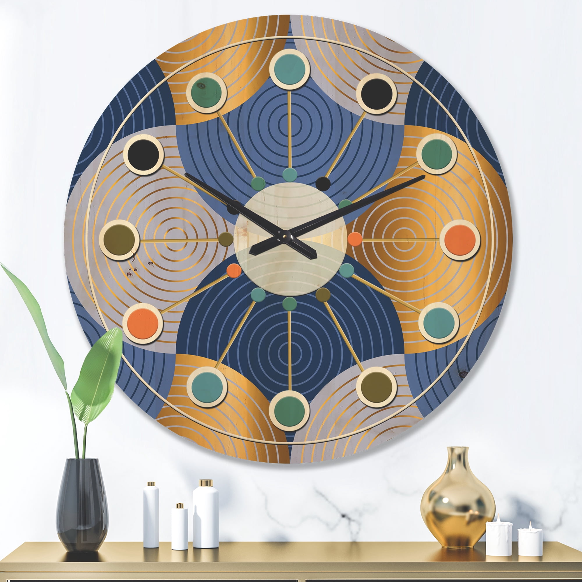 Designart 'Retro Luxury Waves In Blue and Gold X' Mid-Century Modern Wood Wall Clock