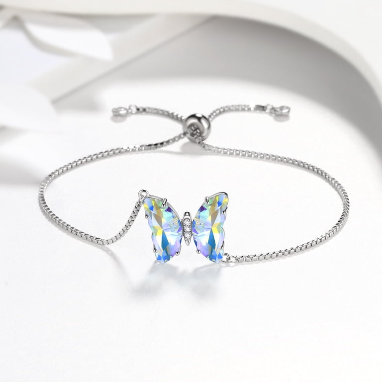 Juwaliy White Butterfly Bracelet, Sterling Silver, April Birthstone photo 7