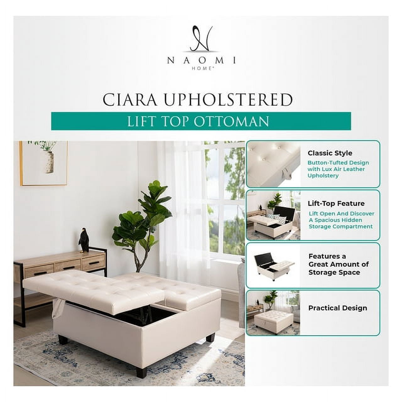 Charlotte 35 Inch Large Square Storage Ottoman Bench, Tufted Upholstered Lift Top Coffee Table Ottoman with Storage, Oversized Storage Ottomans, Toy Box, Air Leather Footrest for Living Room – White