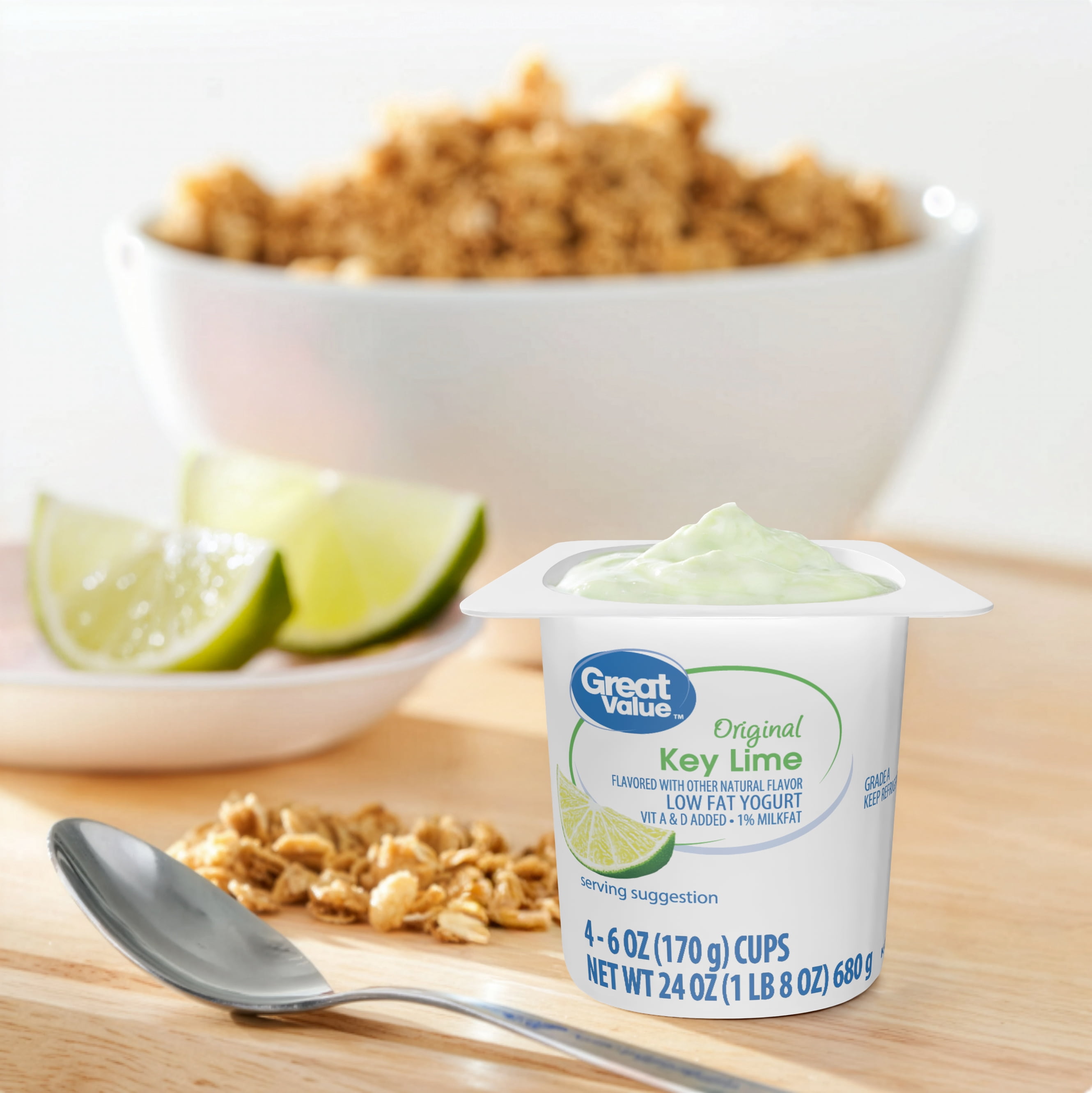 Great Value Key Lime Low-Fat Original Yogurt, 6 oz Cups, 4 Count