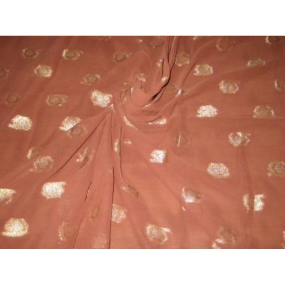 Polyester georgette fabric with metalic silver  gold jacquard~Chocolate Brown colour
