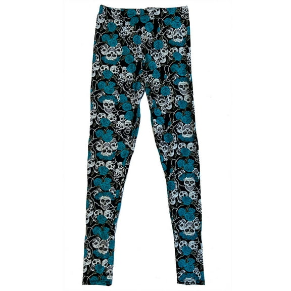 Women's Regular Blue Rose Silver Skull Pattern Printed Leggings