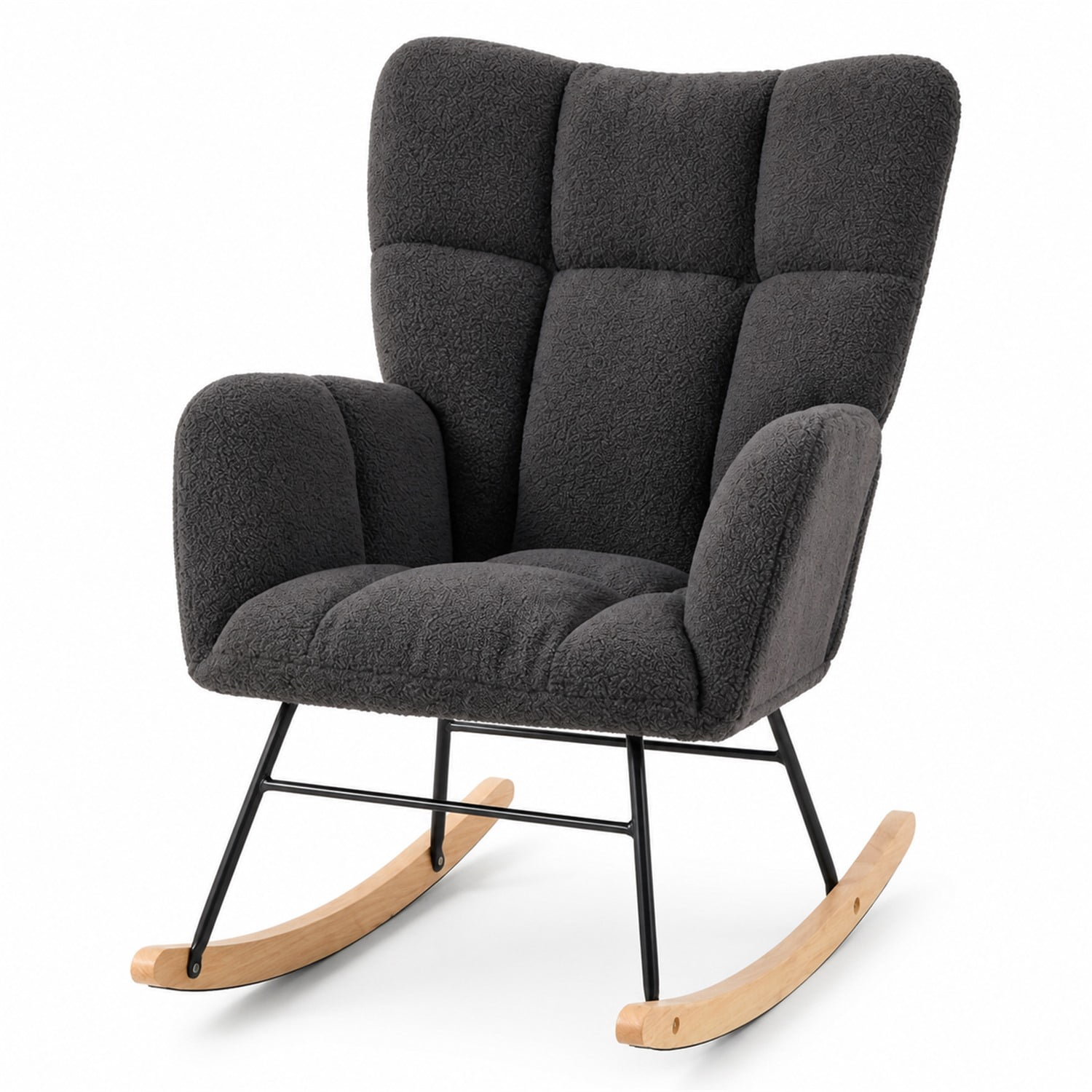 Nursery Rocking Chair, Teddy Upholstered Glider Chair with Thick Cushion, Tufted Gliding Rocker Chair with Wood Leg, Cozy Rocking Armchair, Accent Rocking Chair for Living Room (Dark Grey)