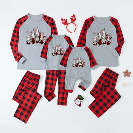 

ZCFZJW Sales Matching Onesies Christmas for Family Cute Lovely 4 Xmas Gnomes Printed Plaid Long Sleeve Tops and Pants Two Piece Home Wear Outfit Set(Baby-12M)