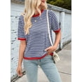 thumbnail image 4 of Womens Tops Casual Summer Crewneck Short Sleeve Striped Color Block Knit High Low Trendy Pullover Sweaters Navy Blue Red XXL, 4 of 9
