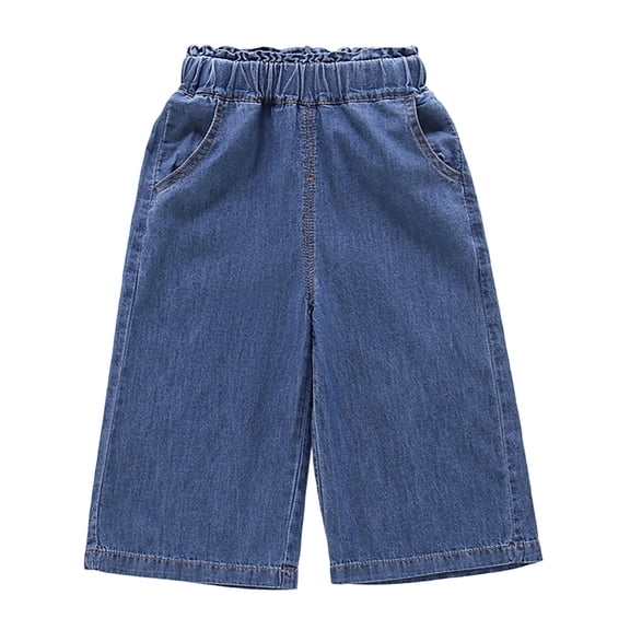 RMGVDSD Little Girls Denim Pants Elastic Waist Cropped Jeans Summer Casual Loose Fit Straight Leg Trousers For Toddler Kids Denim Capri Pants 3-4 Years