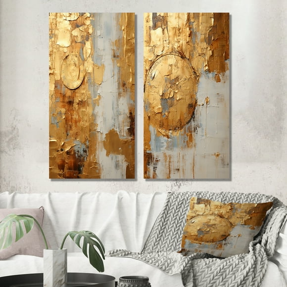 Designart "Vintage Togetherness Gold Abstraction I" Abstract Painting Wall Art Set Of 2 - Modern Gold Gallery Set For Office Decor