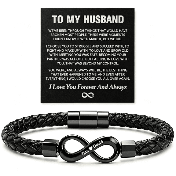 DESIGNICE to My Husband Infinity Bracelet, Personalized Dual Name Infinity Leather Bracelet for Men, Stainless Steel Ized Name Bracelets Gift for Fathers Day Anniversary Birthday