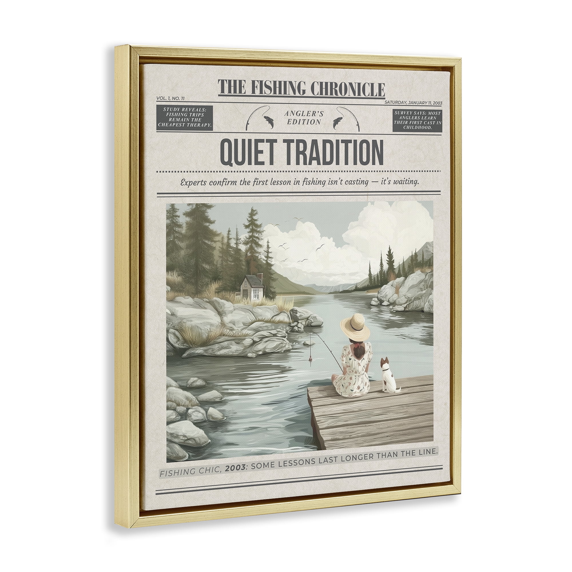 Stupell Industries Fishing Chronicle Magazine Gold Framed Floater Canvas Wall Art, design by A Barefoot Stylist