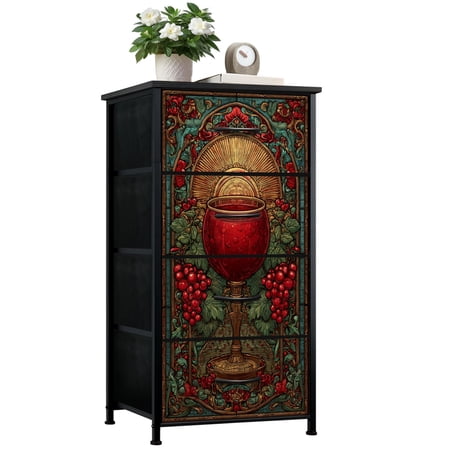 Dresser for Bedroom with 4 Storage Drawers Medieval Stained Glass Panel Wine Grapes Symbolizing Harvest Dressers Chest of Drawers Steel Framed Fabric Closet Organizers for Entryway Kitchen